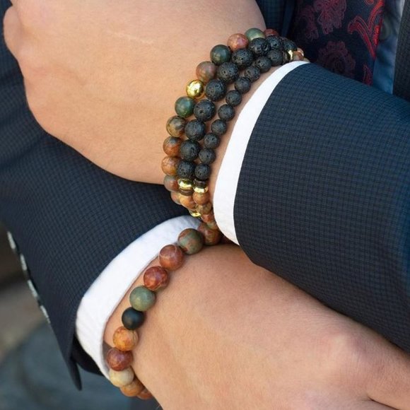 10mm Men’s Women’s Polished Picasso Jasper Matte Onyx Beaded Stretch Bracelet - Picture 4 of 8